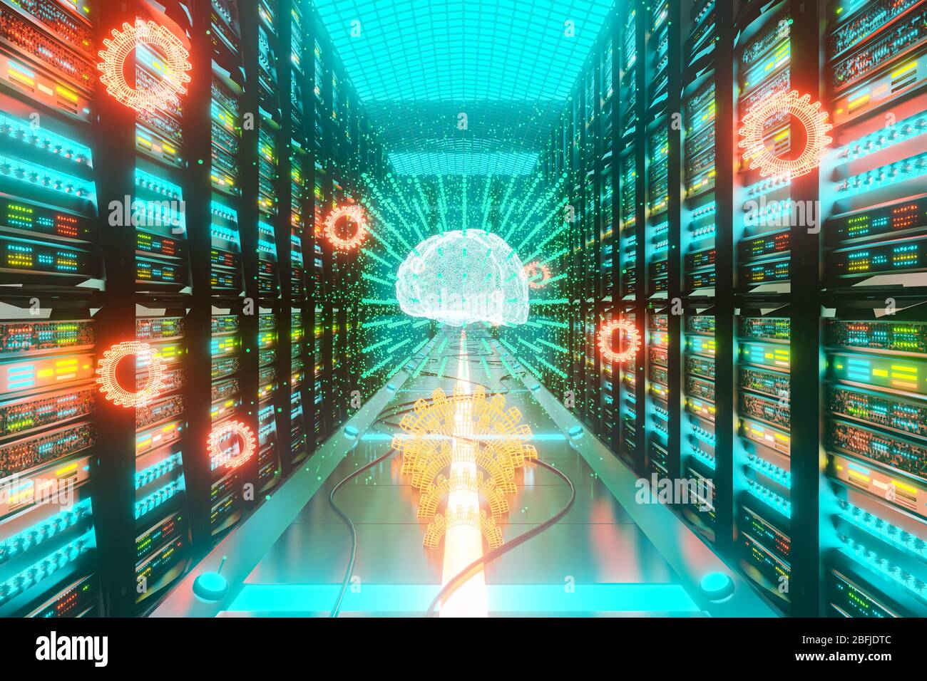 Big data an AI learning concept in server center. 3D render Stock Photo ...