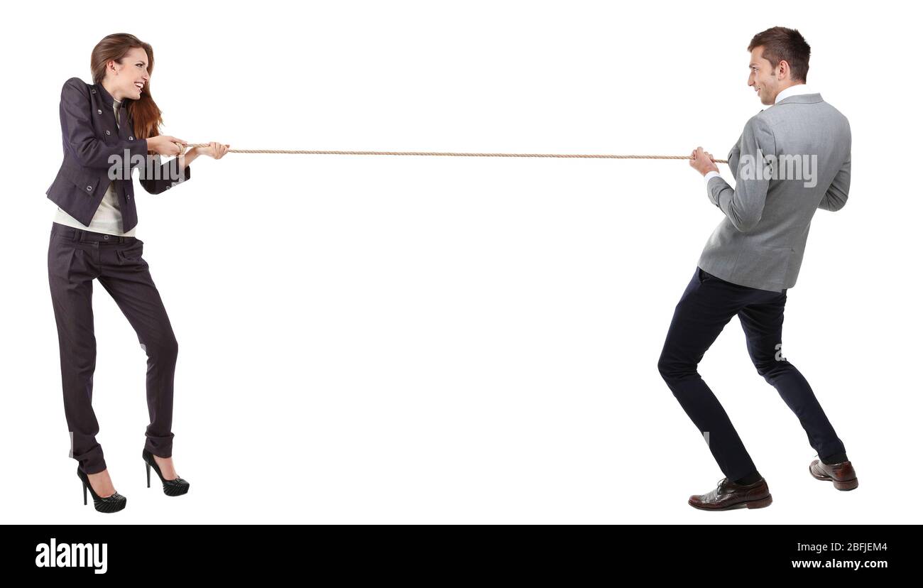 Business people stretching rope isolated on white Stock Photo - Alamy