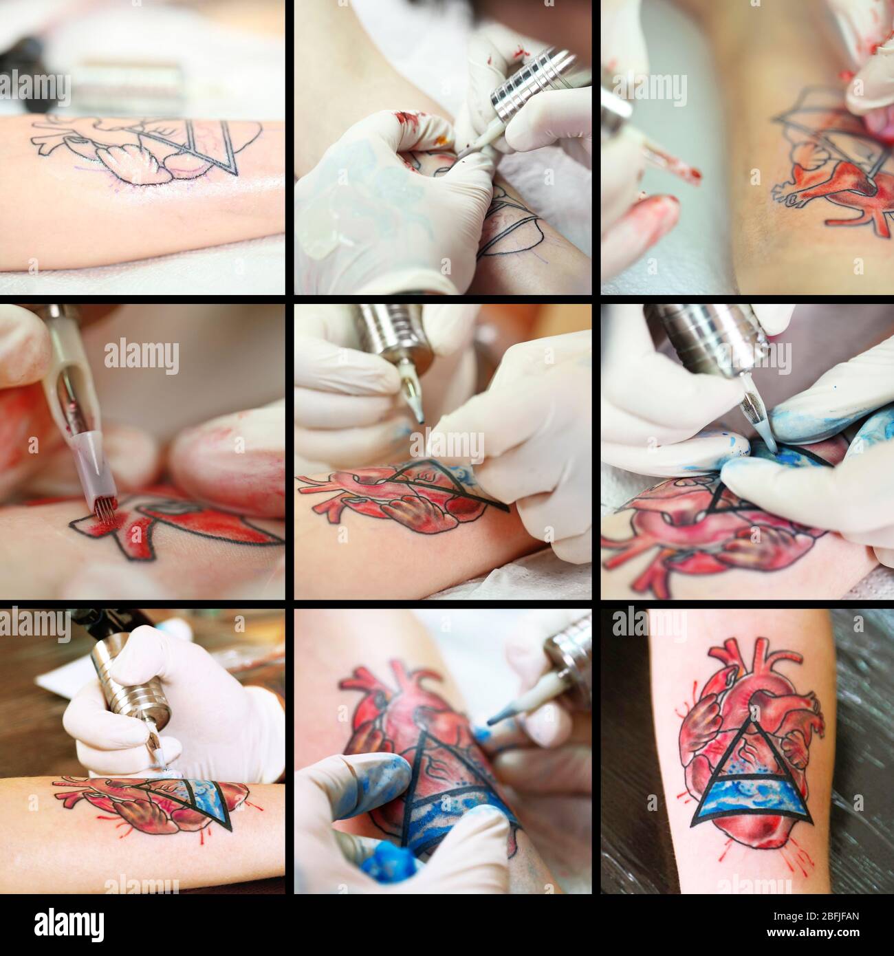 Collage of tattoo artist at work Stock Photo