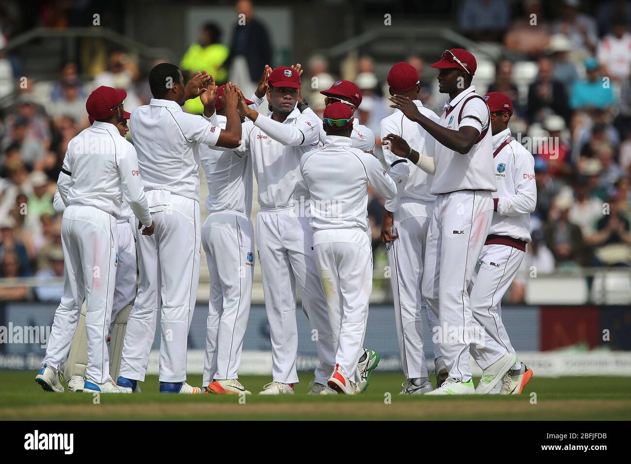 LEEDS, ENGLAND. West Indies celebrate after Shannon Gabriel claimed the wicket of England's Alastair Cook during the 2nd Investec Test match between England and West Indies at Headingley, Leeds on Friday 25th August 2017   (Credit: Mark Fletcher | MI News) Stock Photo