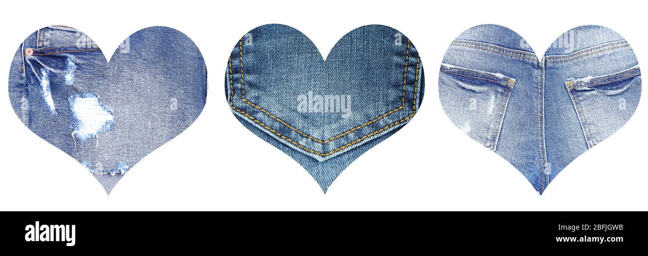 Hearts from blue jeans, isolated on white Stock Photo Alamy
