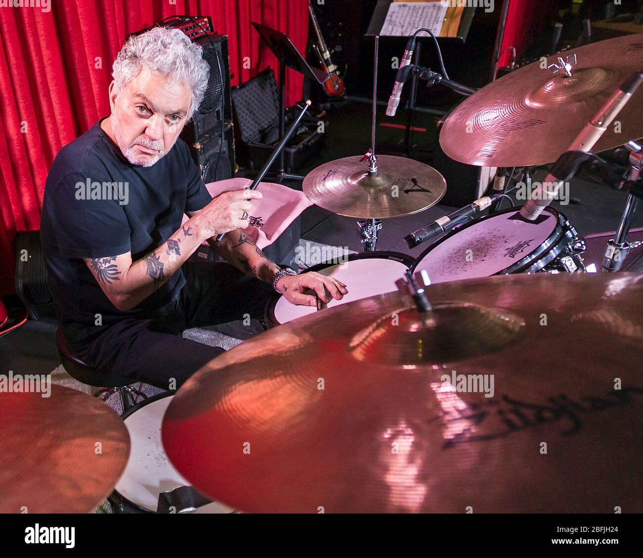 Drummer Steve Gadd warms up before a show with his band, the Steve Gadd Band, at the Catalina Jazz Club in Los Angeles, California. Stock Photo