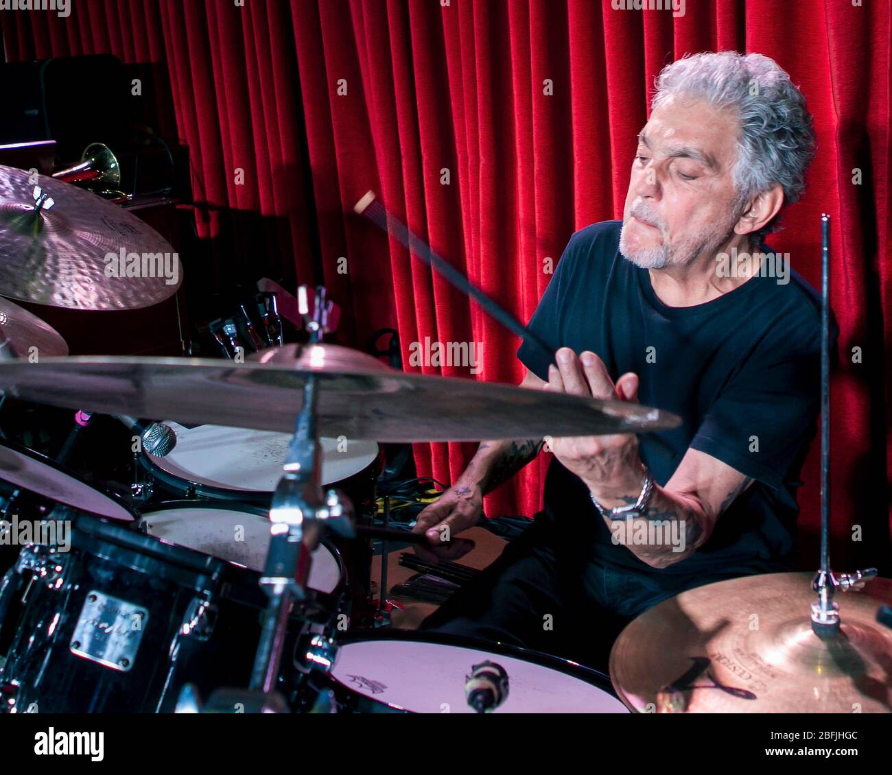 Drummer Steve Gadd warms up before a show with his band, the Steve Gadd Band, at the Catalina Jazz Club in Los Angeles, California. Stock Photo