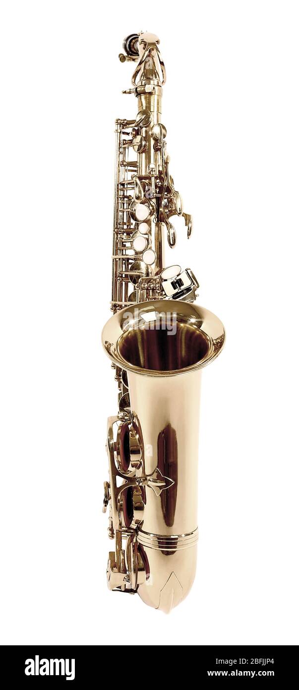 Golden saxophone isolated on white Stock Photo