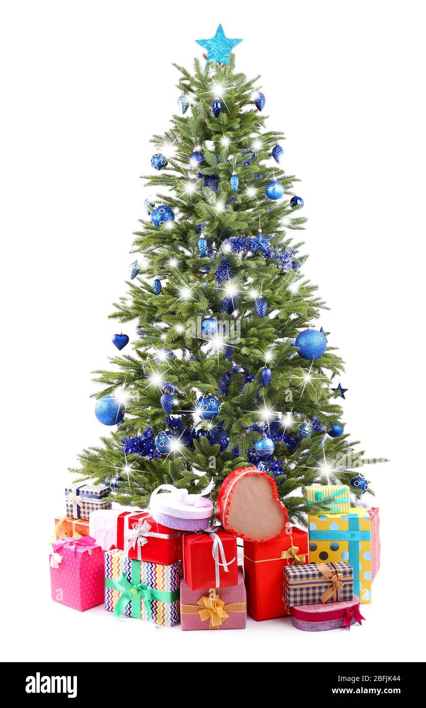 Christmas tree and presents isolated on white Stock Photo - Alamy