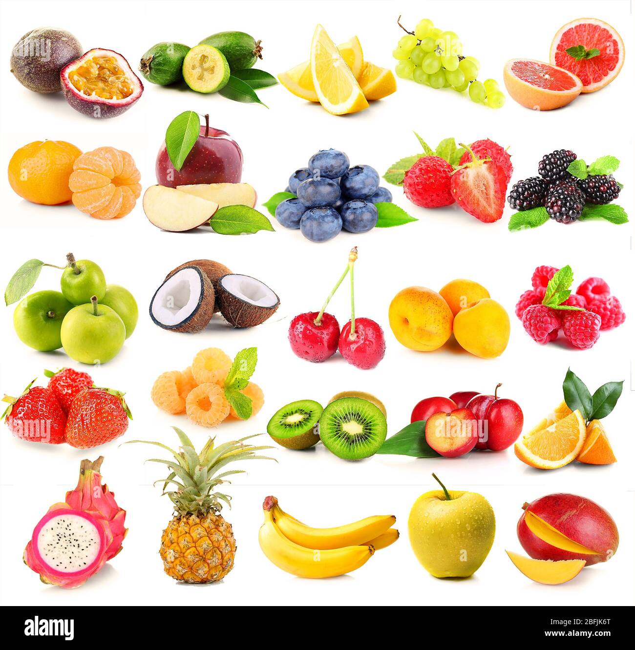 Collage of different fruits and berries isolated on white Stock Photo