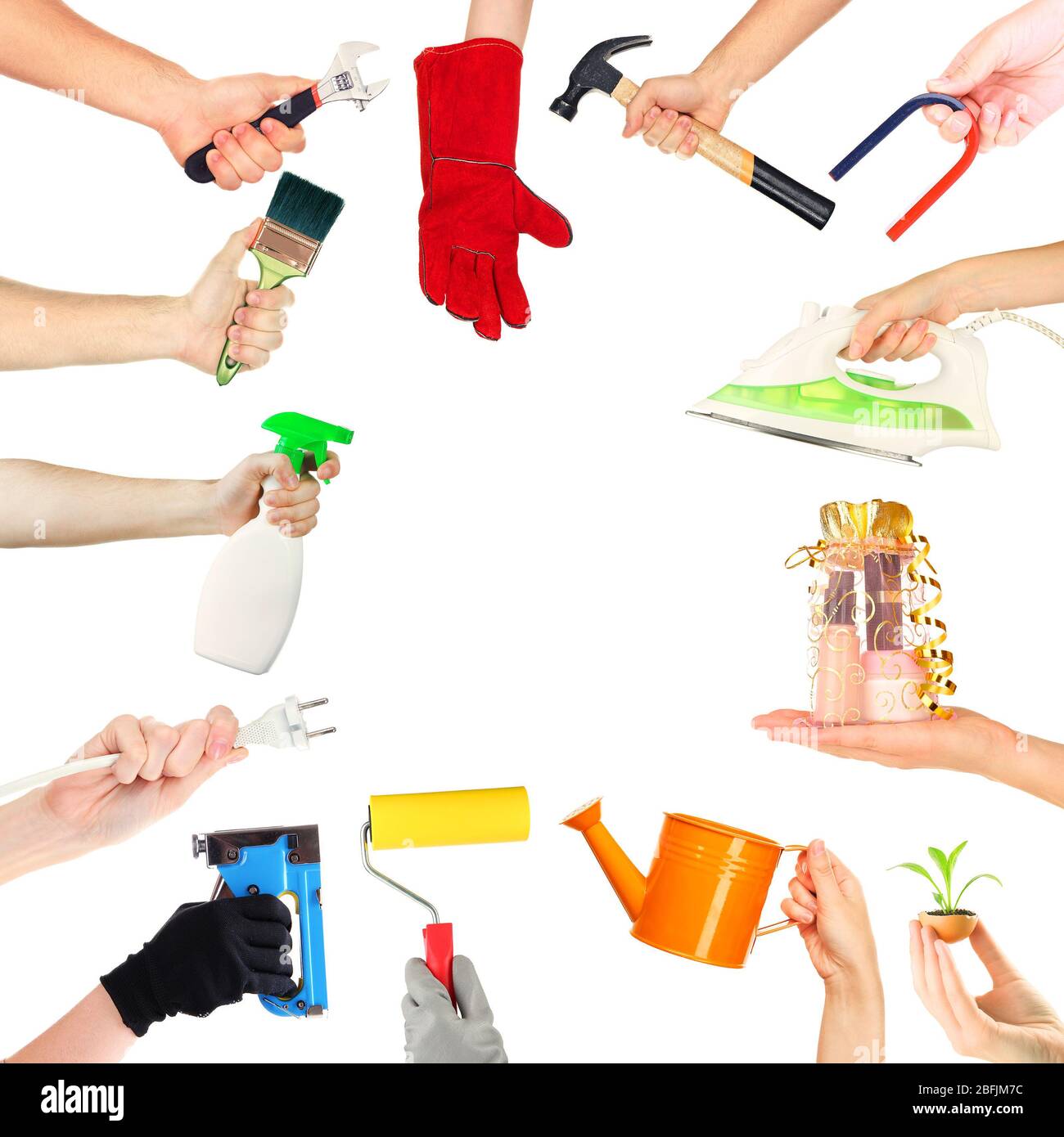 Hands with different objects isolated on white Stock Photo