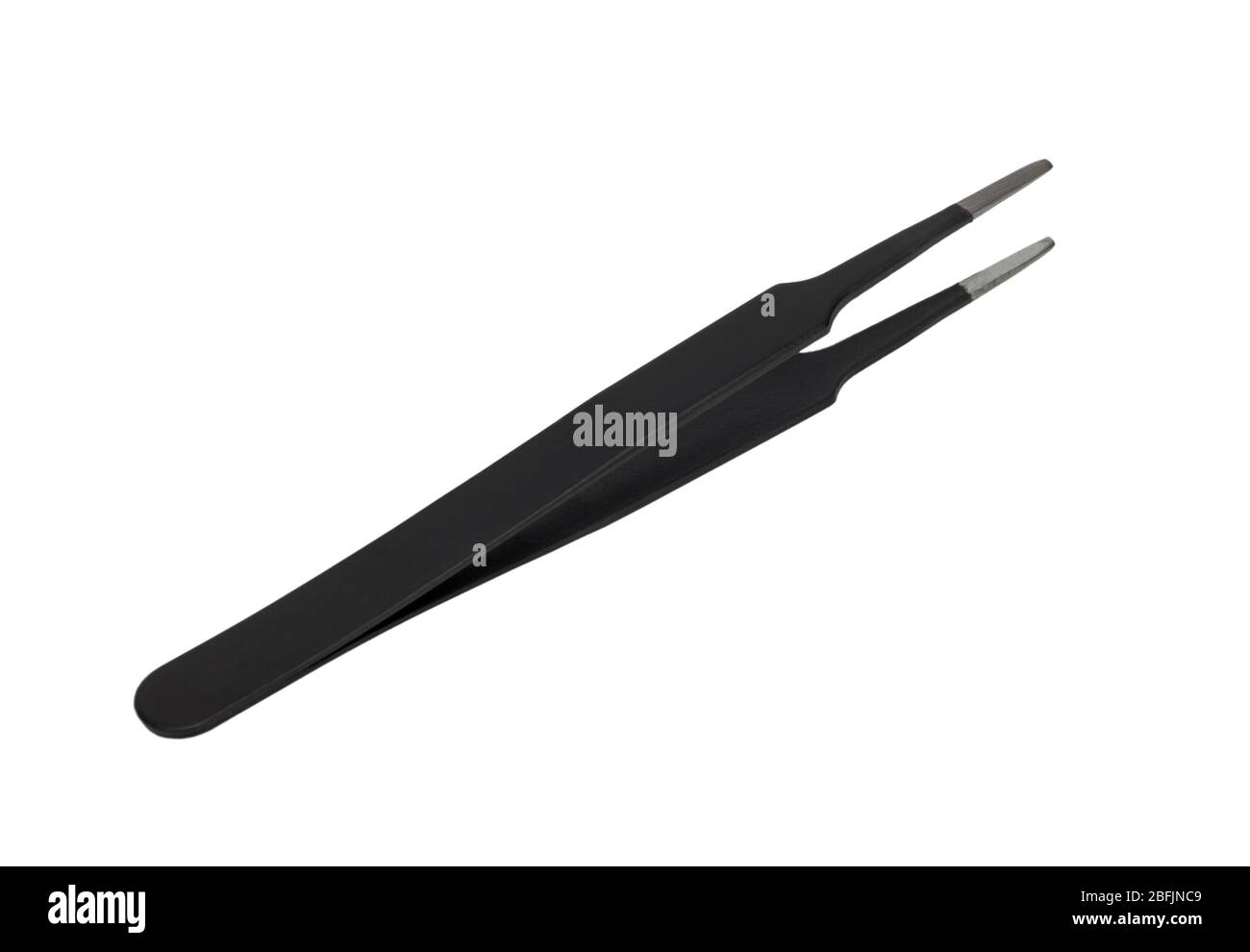 Black metal tweezer with antistatic coating. They are used in medicine, cosmetology, fashion, jewelry and electronic industry. Isolated on a white bac Stock Photo