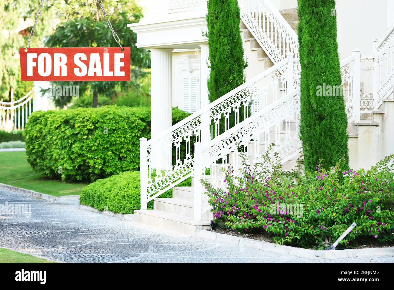 Real estate sign in front of new house for sale Stock Photo - Alamy