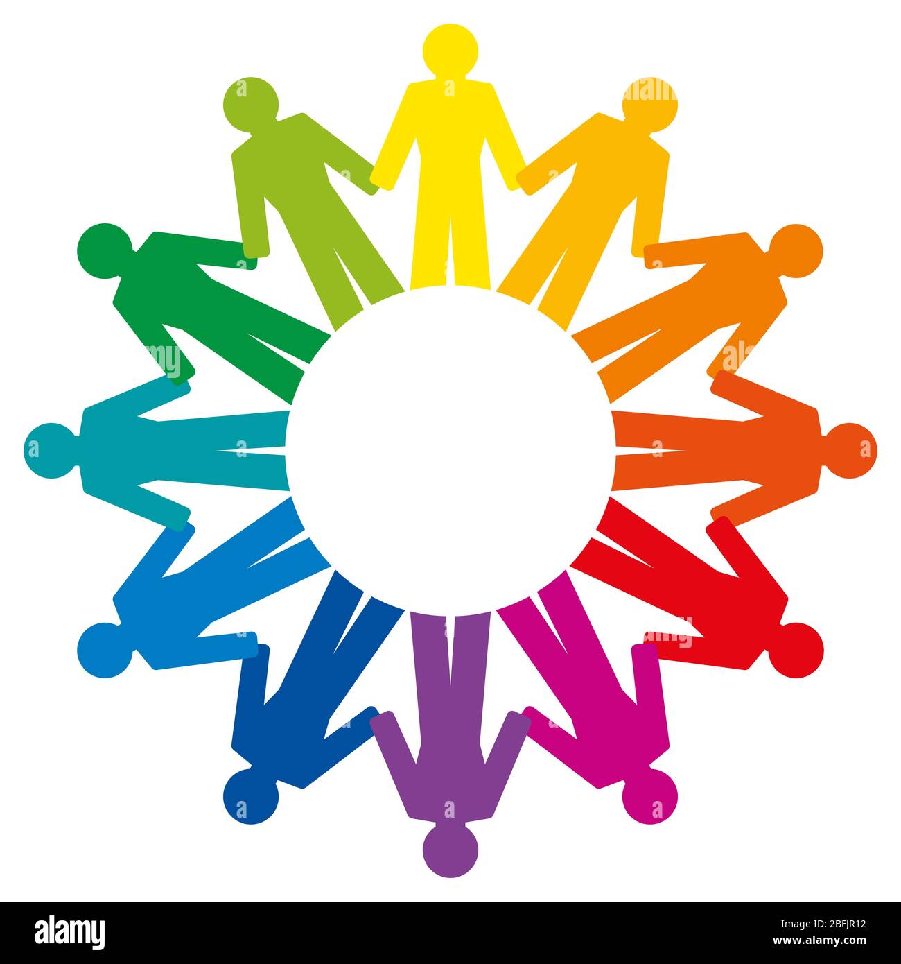 People holding hands, forming a rainbow circle. Abstract symbol of connected people standing a circle to express friendship, love and harmony. Stock Photo