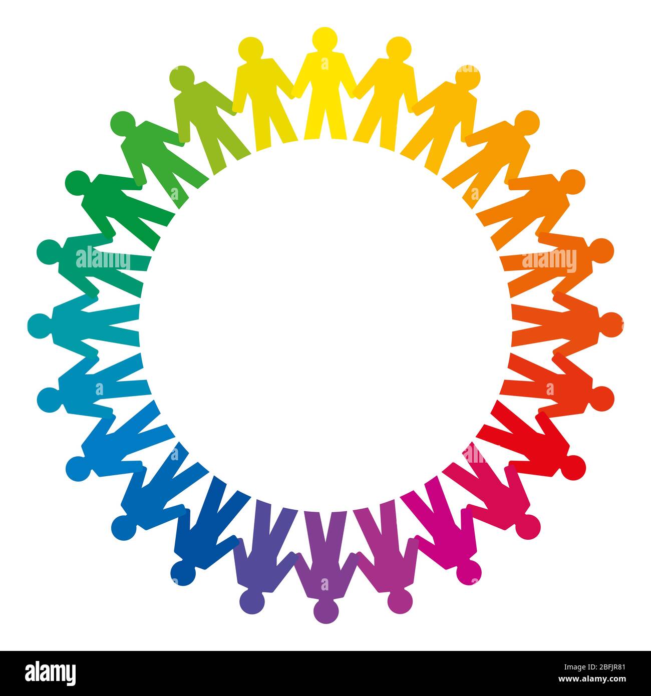 People holding hands forming a big rainbow circle. Abstract symbol of connected people standing a circle to express friendship, love and harmony. Stock Photo