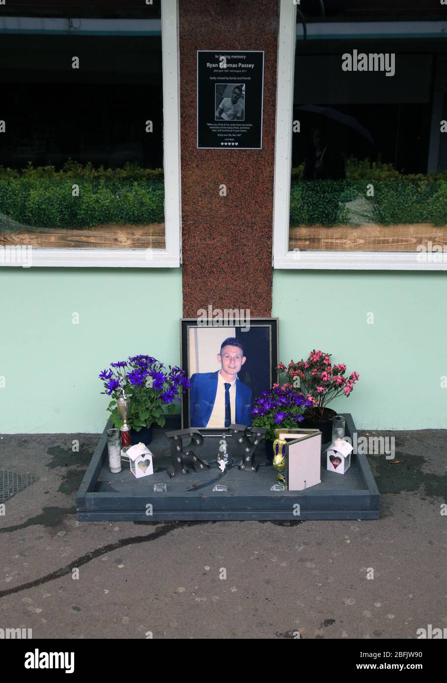 Shrine in Stourbridge town centre for knife crime victim Ryan Passey. Stock Photo