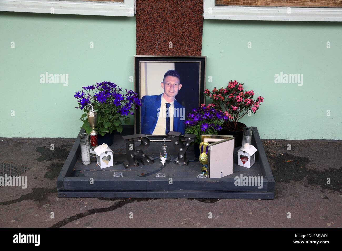 Shrine in Stourbridge town centre for knife crime victim Ryan Passey. Stock Photo