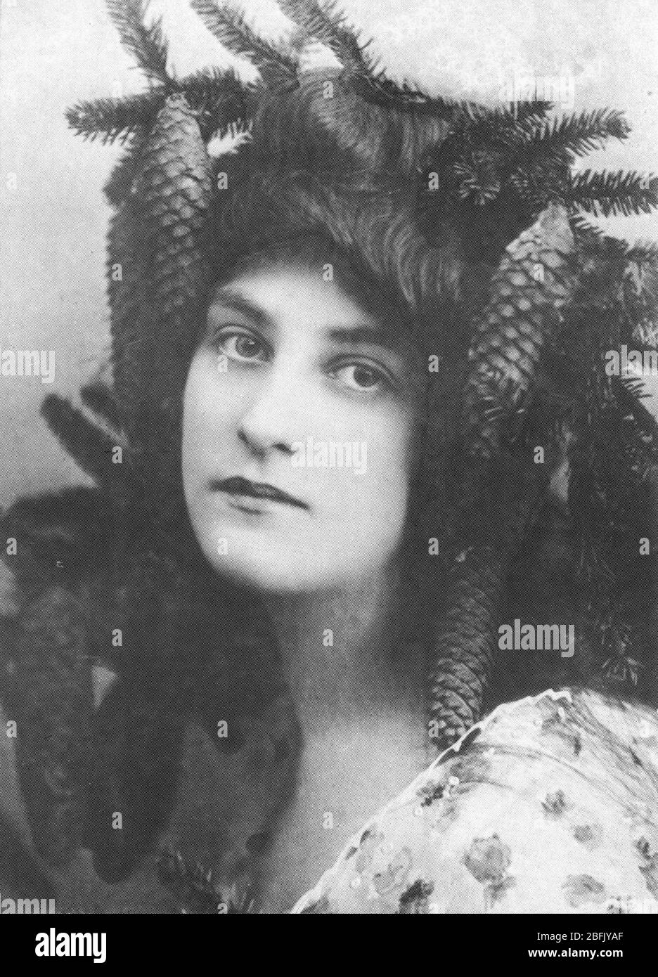 Humorous image of a young woman (Edwardian) wearing at least Five Pinecones and evergreen branches in her hair, c. 1910.   To see my other Christmas-related vintage images, Search:  Prestor  vintage  Christmas  holiday Stock Photo