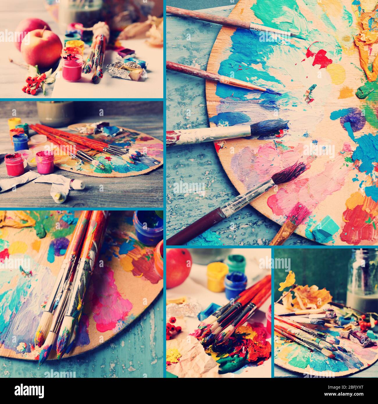 Beautiful still life with professional art materials collage Stock