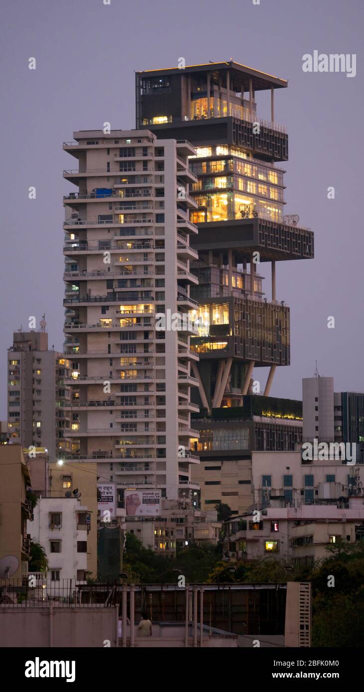 VIEW OF ANTILLA, RESIDENCE OF MUKESH AMBANI, IN THE EVENING WITH INTERIOR LIGHTS, MUMBAI, MAHARASHTRA, INDIA Stock Photo