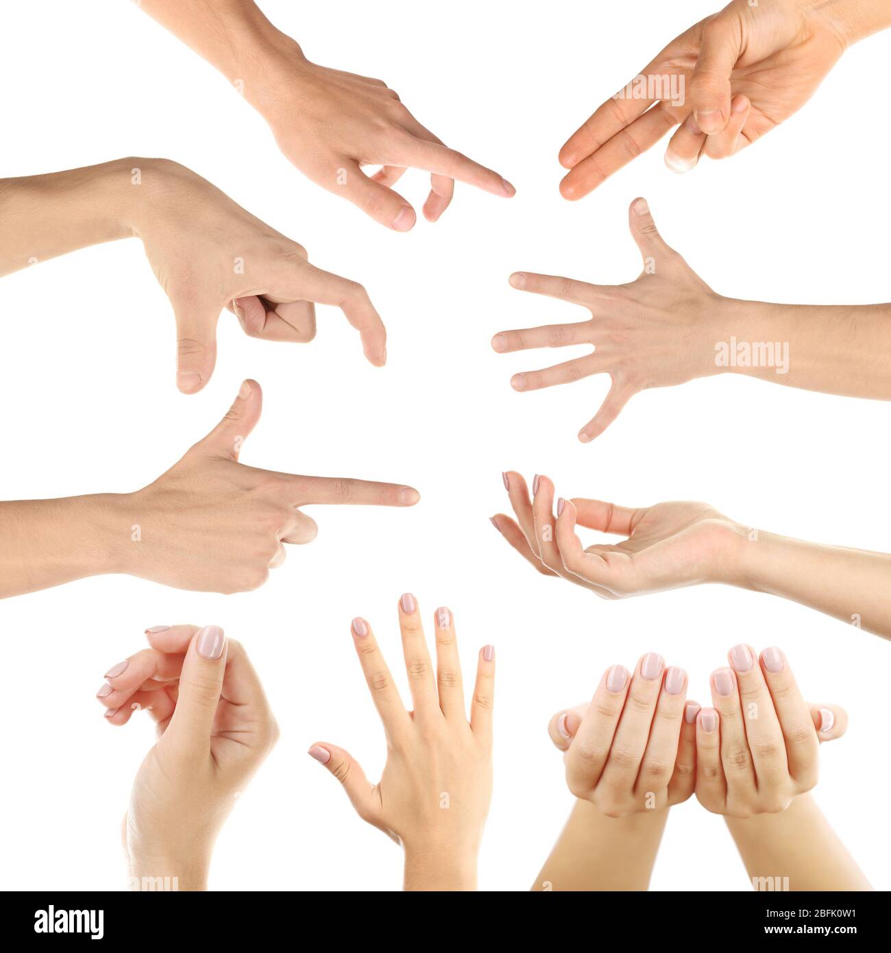 Hand collage, gestures set isolated on white Stock Photo - Alamy