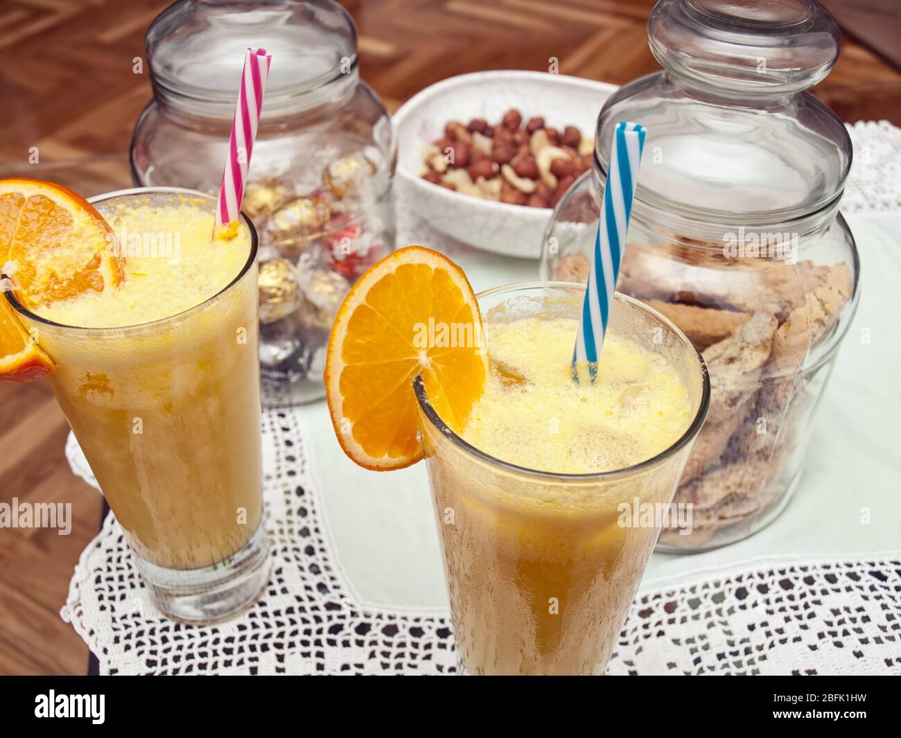 Homemade version of Pina Colada cocktails on the table. Stock Photo