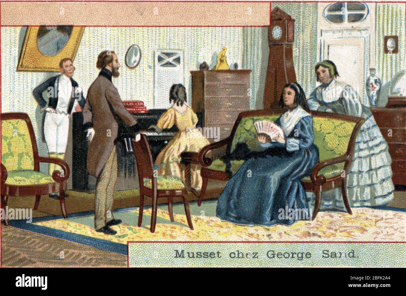 "Le poete Alfred de Musset (1810-1857) rend visite a l'ecrivain George Sand (Aurore Dupin, Baronne Dudevant) (1804-1876) quai Malaquais a Paris" (Fren Stock Photo