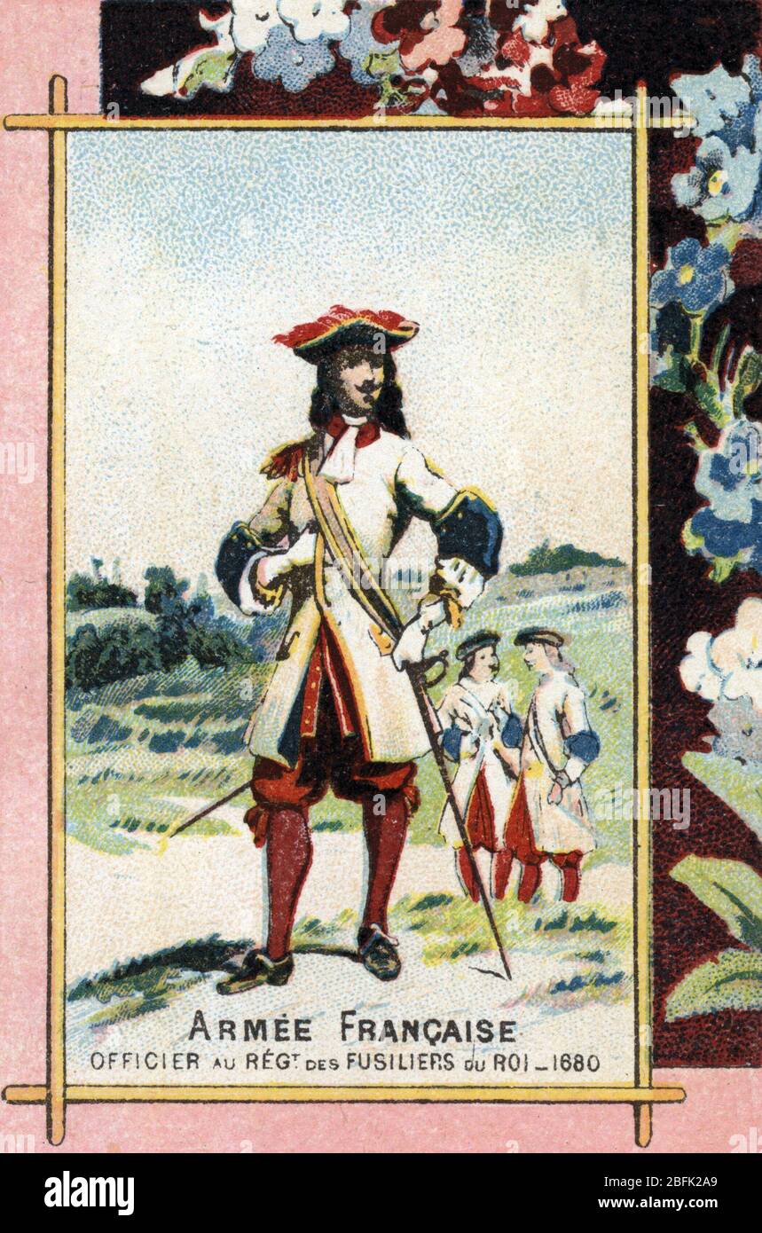 Armee francaise : officier au regiment des fusiliers du roi 1680 (French army: rifleman of the Regiment du roi 1680) Chromolithographie de la fin du 1 Stock Photo