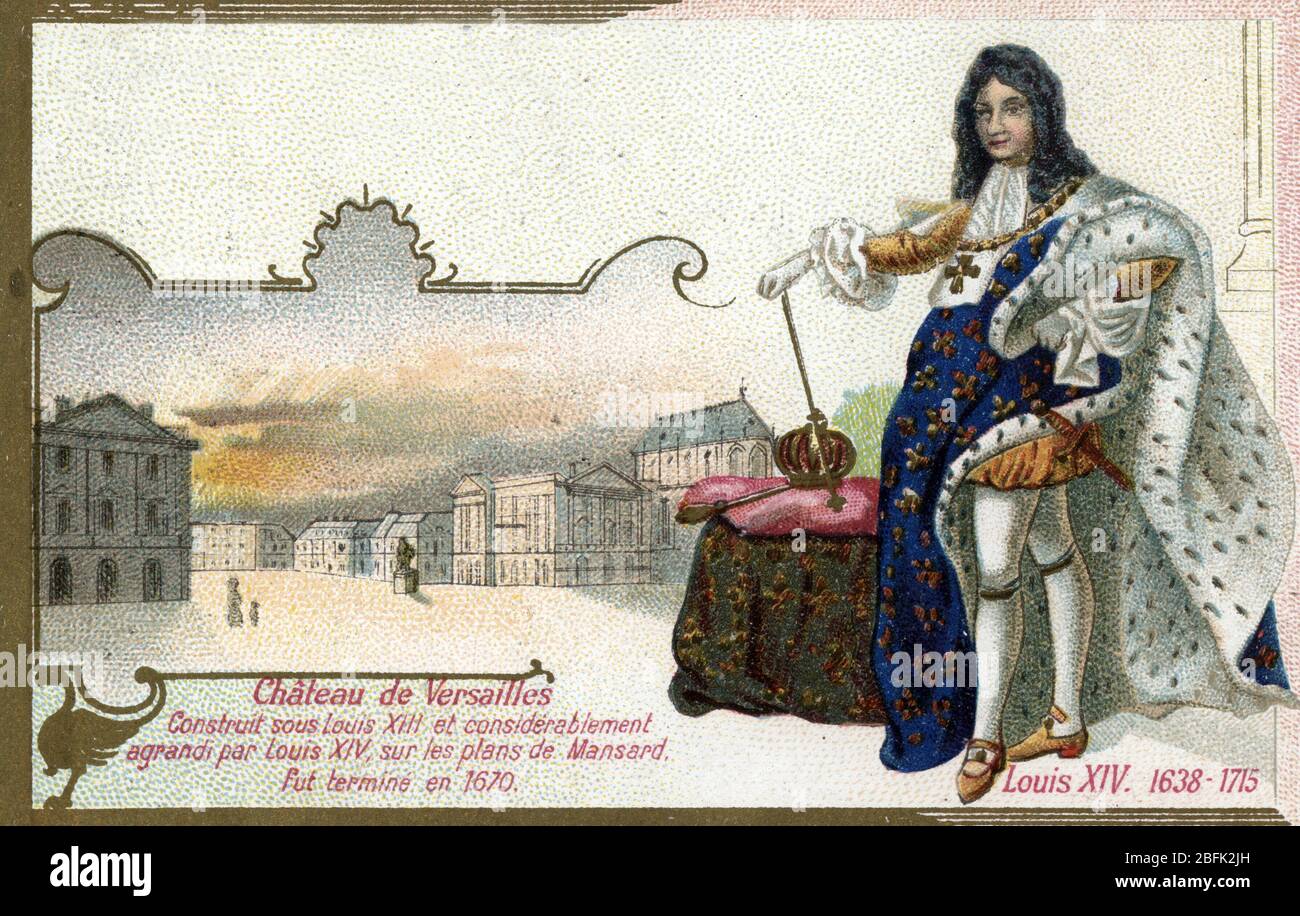 Portrait du roi Louis XIV (1638-1715) et du chateau de Versailles ...