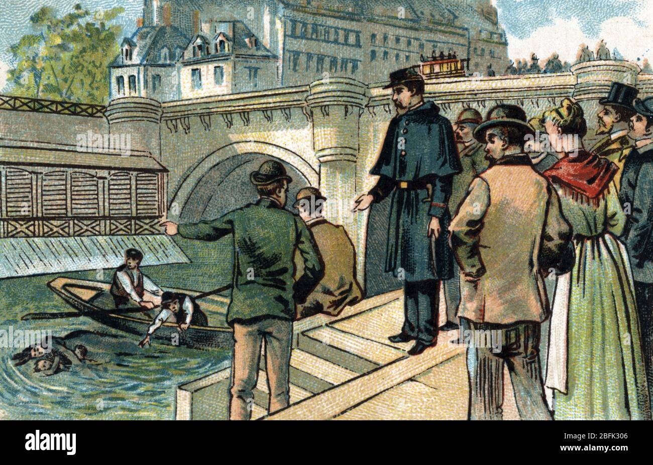 Addictions et dependances, les dangers de l'alcoolisme : comportement violent, l'epouse violentee par son mari ivrogne se jette dans la Seine avec son Stock Photo
