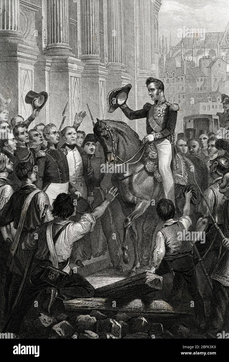 Revolution de 1830 : Louis-Philippe (qui deviendra le roi de France Louis Philippe Ier), duc d'Orleans, nomme lieutenant general du royaume, se rend a Stock Photo