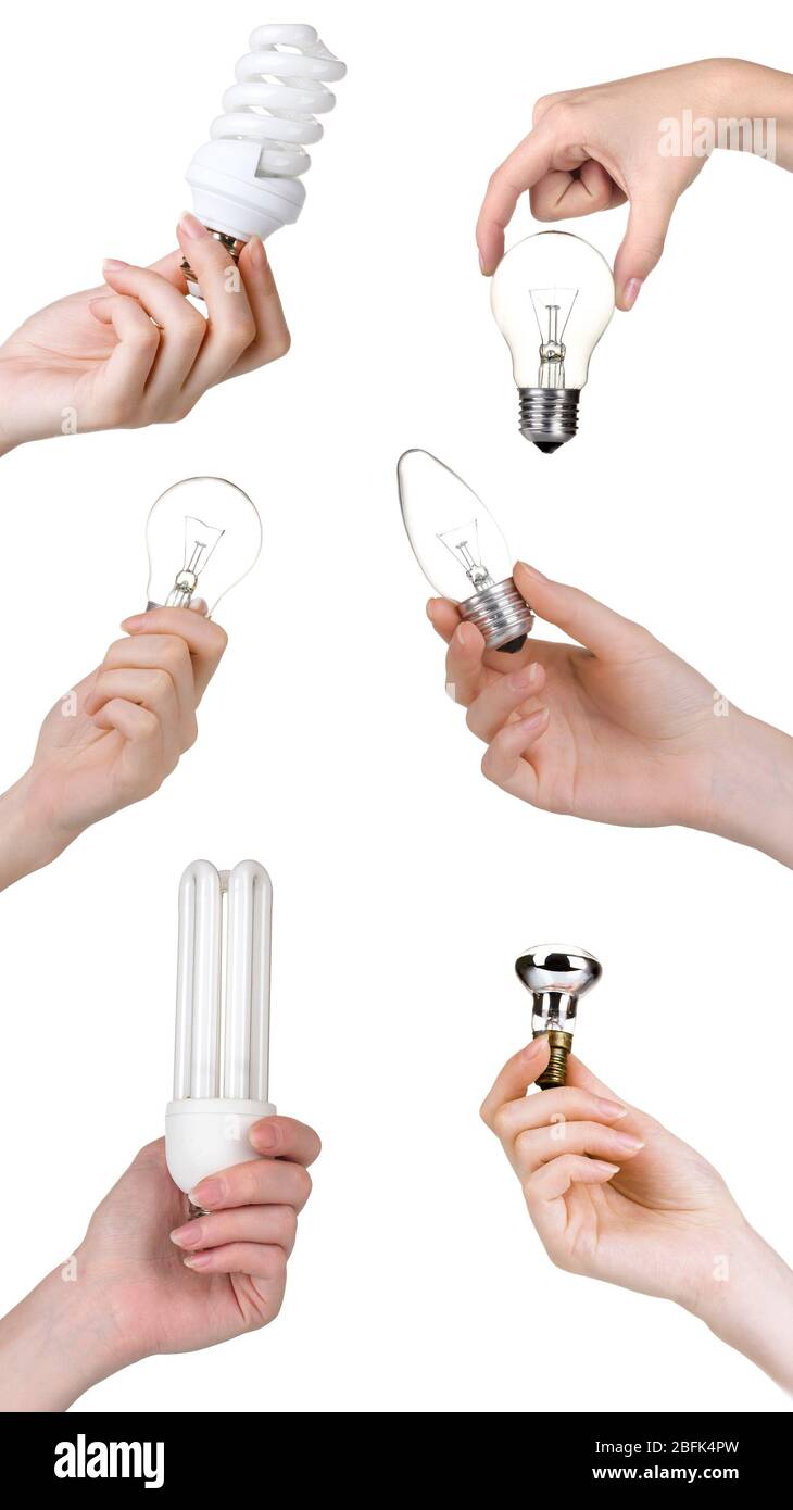 Different light bulbs in hands isolated on white in collage Stock Photo