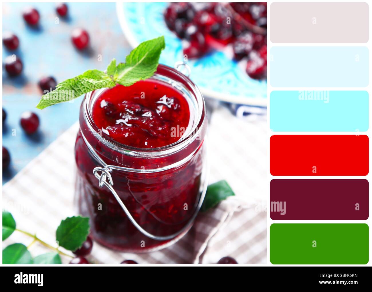 Jar of gooseberry jam on wooden table and palette of colors Stock Photo ...