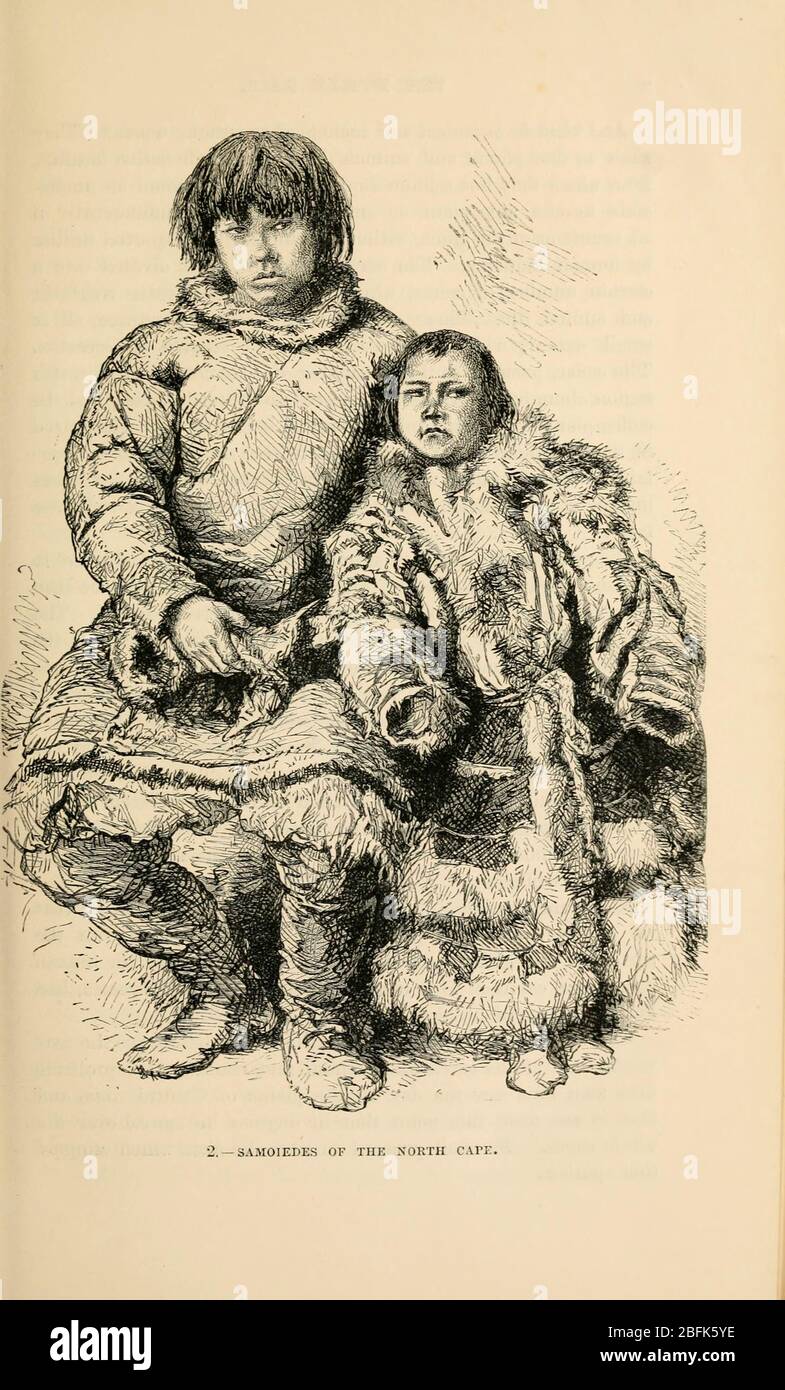 Samoiedes [Samoyedic] of the North Cape engraving on wood From The human race by Figuier, Louis, (1819-1894) Publication in 1872 Publisher: New York, Appleton Stock Photo