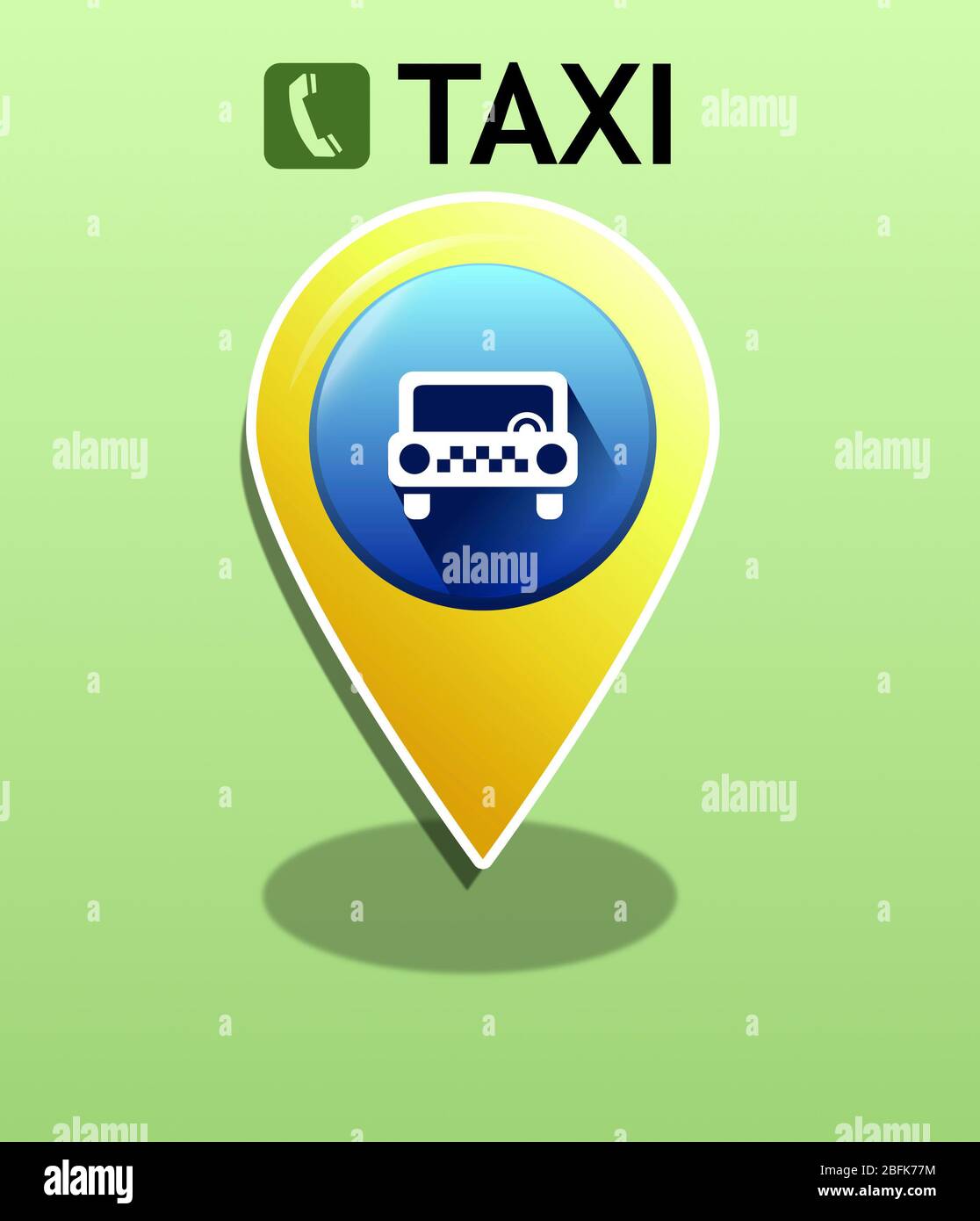 Taxi vector icon on map, on green background Stock Photo