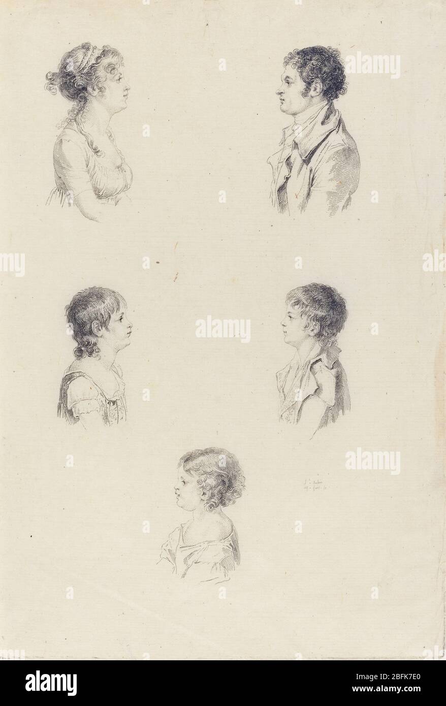 Five Busts, by Augustin de Saint-Aubin, etching, Stock Photo