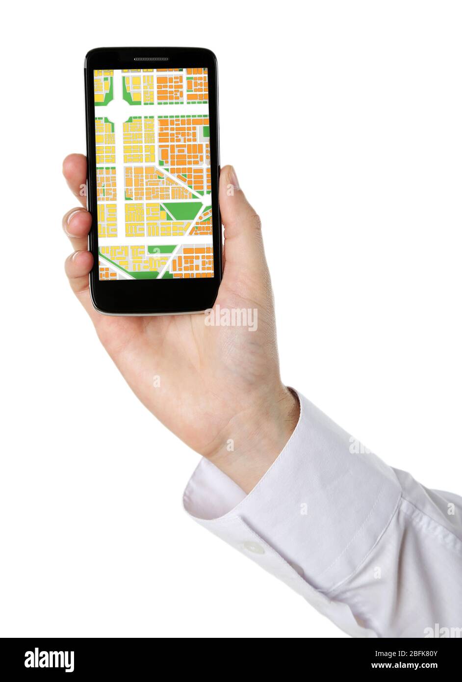 Male hand holding smart phone with map gps navigation application ...