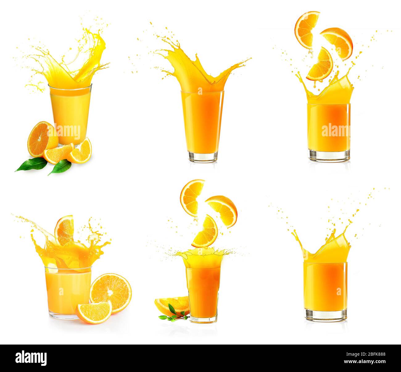 Collage of orange juice splashes isolated on white Stock Photo
