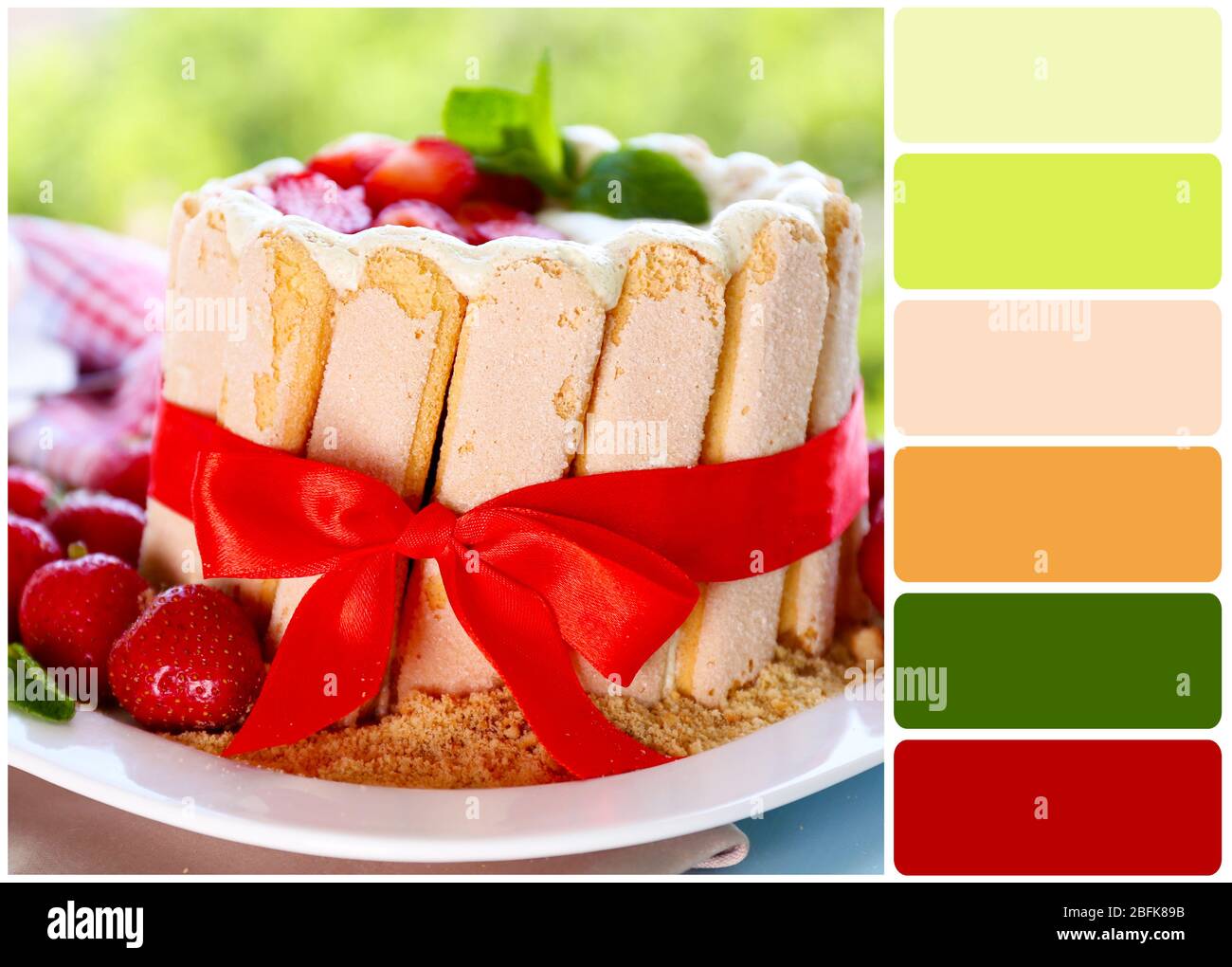 Tasty Cake Charlotte With Fresh Strawberries On Green Nature Background And Palette Of Colors Stock Photo Alamy