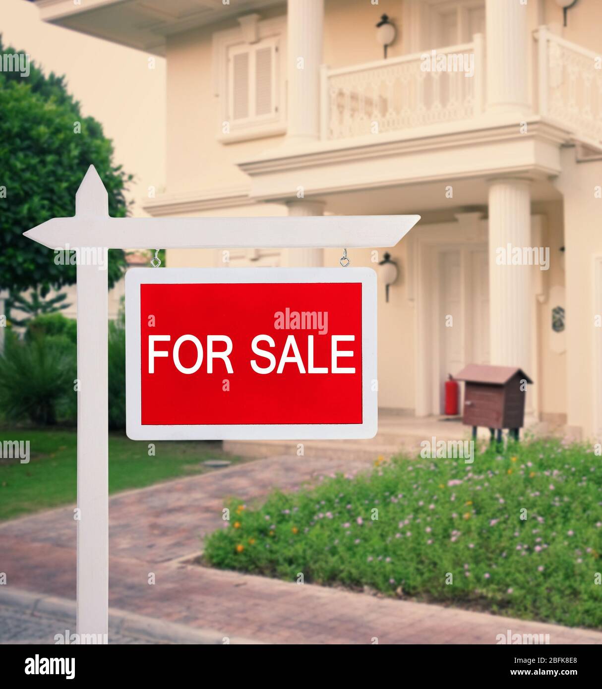 Real estate sign in front of new house for sale Stock Photo - Alamy