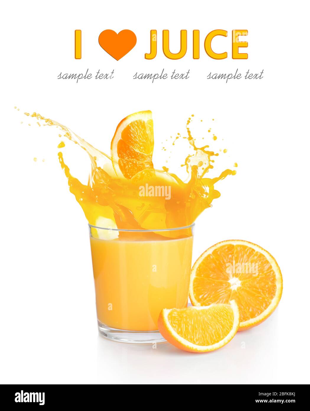Orange juice with splashes isolated on white Stock Photo