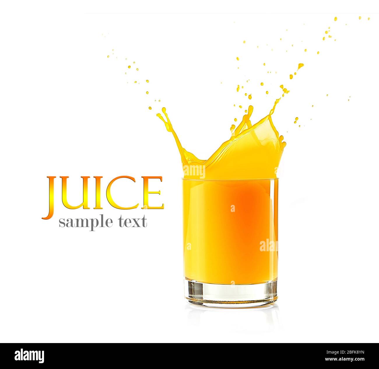 Orange juice with splashes isolated on white Stock Photo