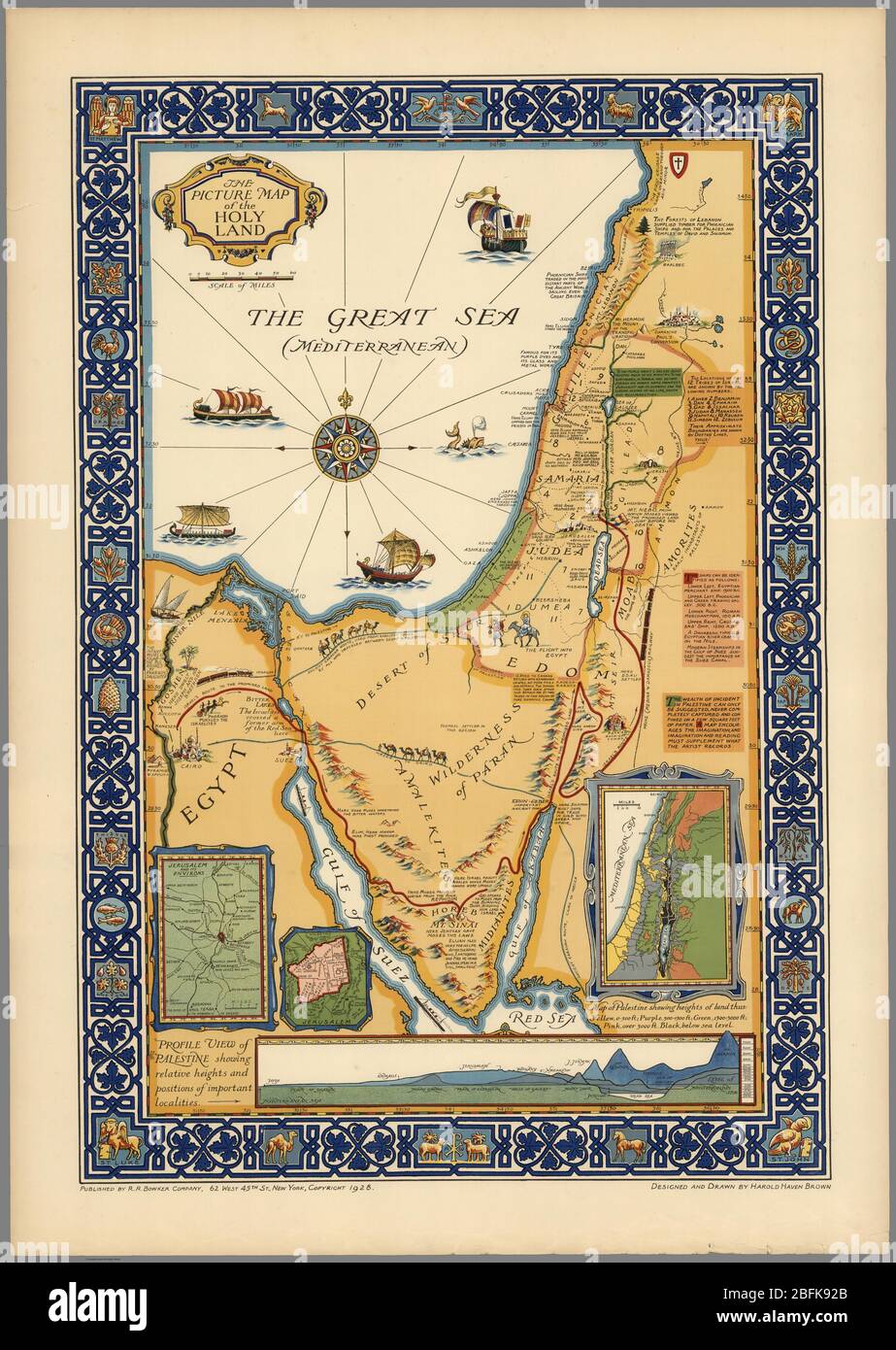 The picture map of the Holy Land Published by R.R. Bowker Company in 1928 Color pictorial map framed by decorative border. Shows historical boundaries, roads, railway, places named in the New Testament. Also shows Israel's route to promised Land in Egypt to the River Jordan, routes used by all who traveled between Egypt and Palestine, ancient caravan route, Cairo to Mecca. Includes key locations from the biblical narrative, views of sailing ships on 'The Great Sea (Mediterranean). Relief shown pictorially. Stock Photo