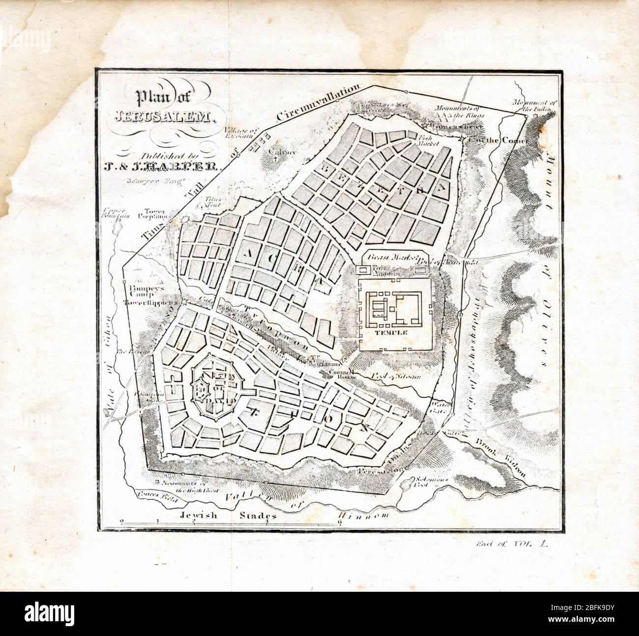 Plan of Jerusalem 1841 Originally from 'The history of the Jews : from the earliest period to the present time' Scanned map showing mid 19th century interpretation of ancient Jerusalem Stock Photo