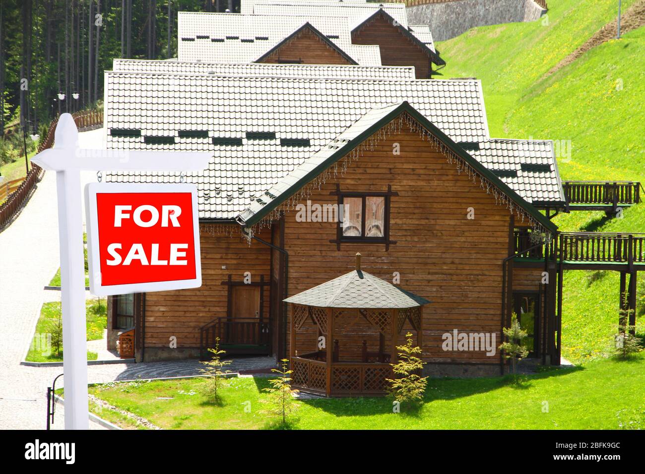 Real estate sign in front of new house for sale Stock Photo - Alamy
