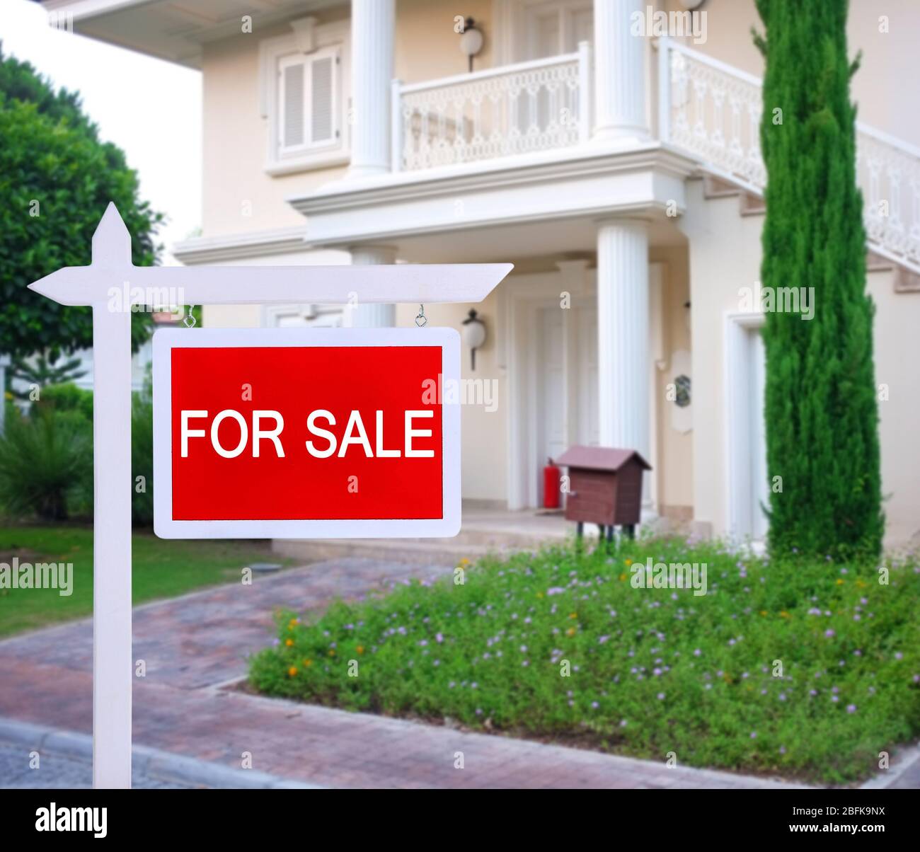Real estate sign in front of new house for sale Stock Photo - Alamy