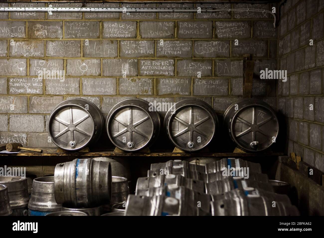 Cold room full of beer at Larkins Brewery award winning brewery and hop farm in Chiddingstone, Kent, UK Stock Photo