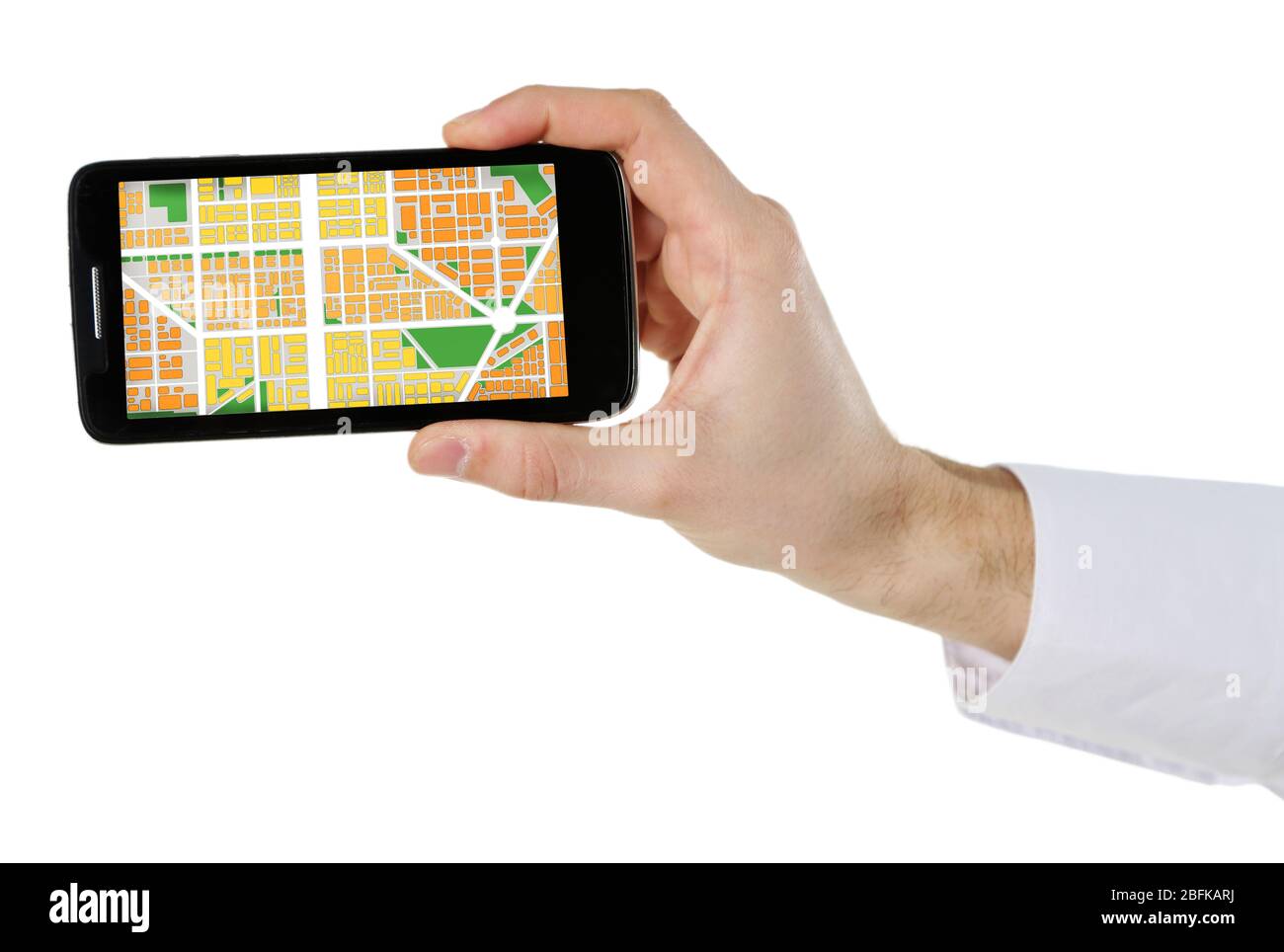 Male hand holding smart phone with map gps navigation application