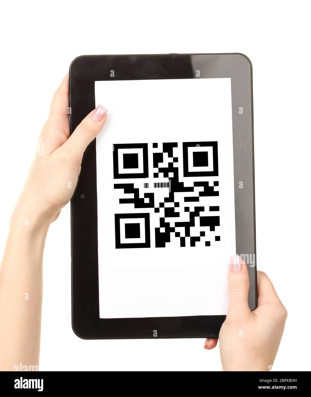 Hands holding tablet PC with QR code on screen Stock Photo - Alamy