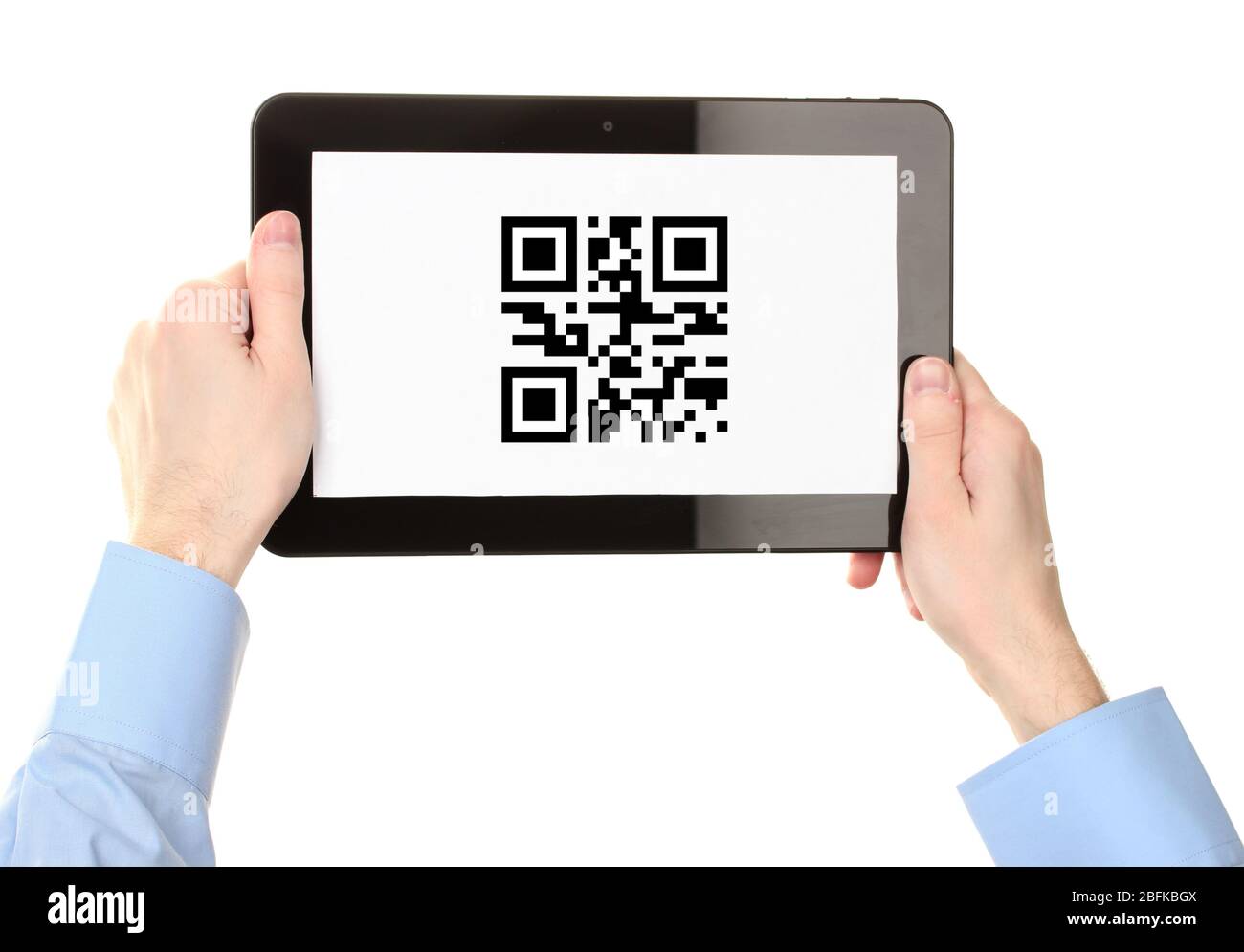 Hands holding tablet PC with QR code on screen Stock Photo Alamy