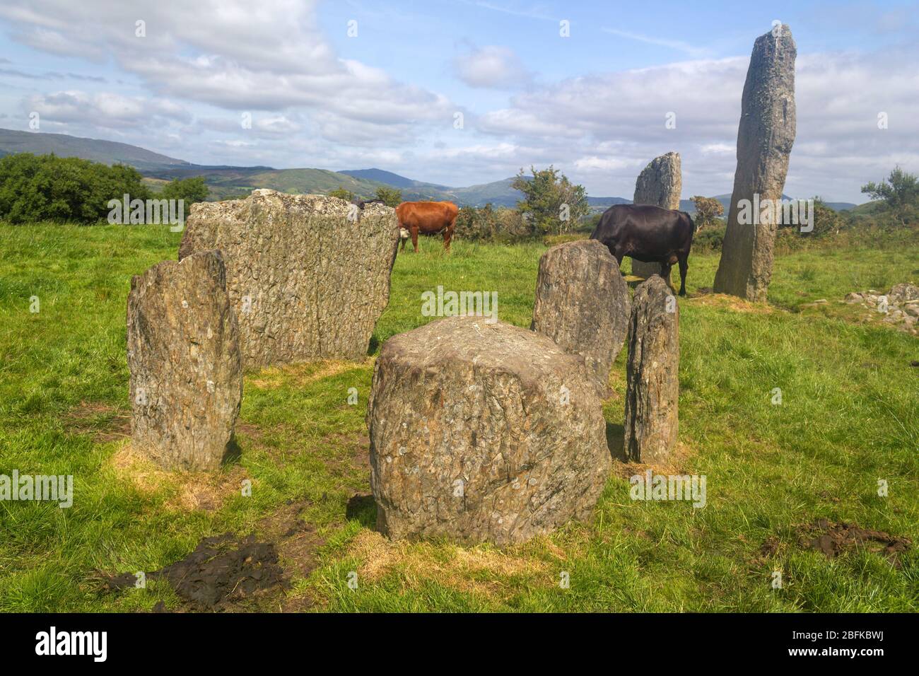 View of an Irish countryside with megalithic stone circle and dolmens ...