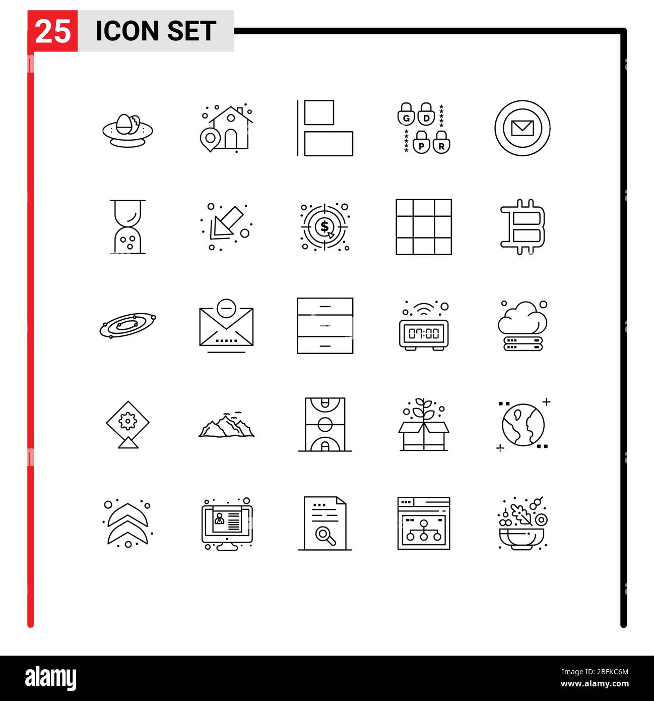 Pictogram Set of 25 Simple Lines of stamps, ribbon, align, mail, lock Editable Vector Design Elements Stock Vector