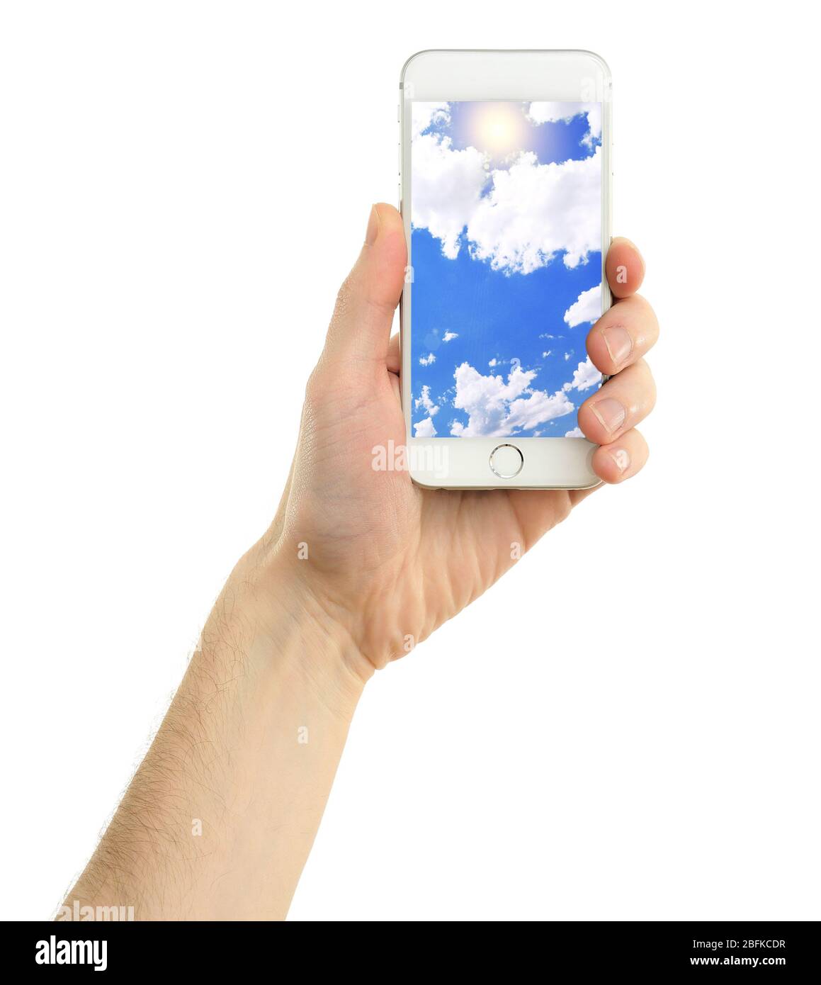 Hand holding mobile smart phone with sky in screen. Cloud computing ...