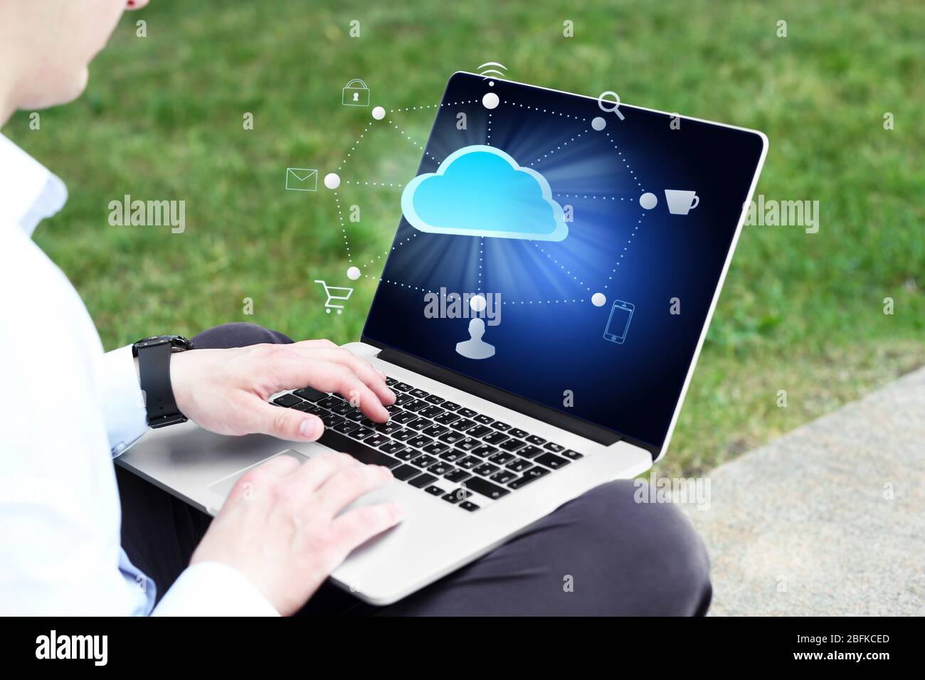 Man working with  cloud computing diagram, modern technology concept Stock Photo